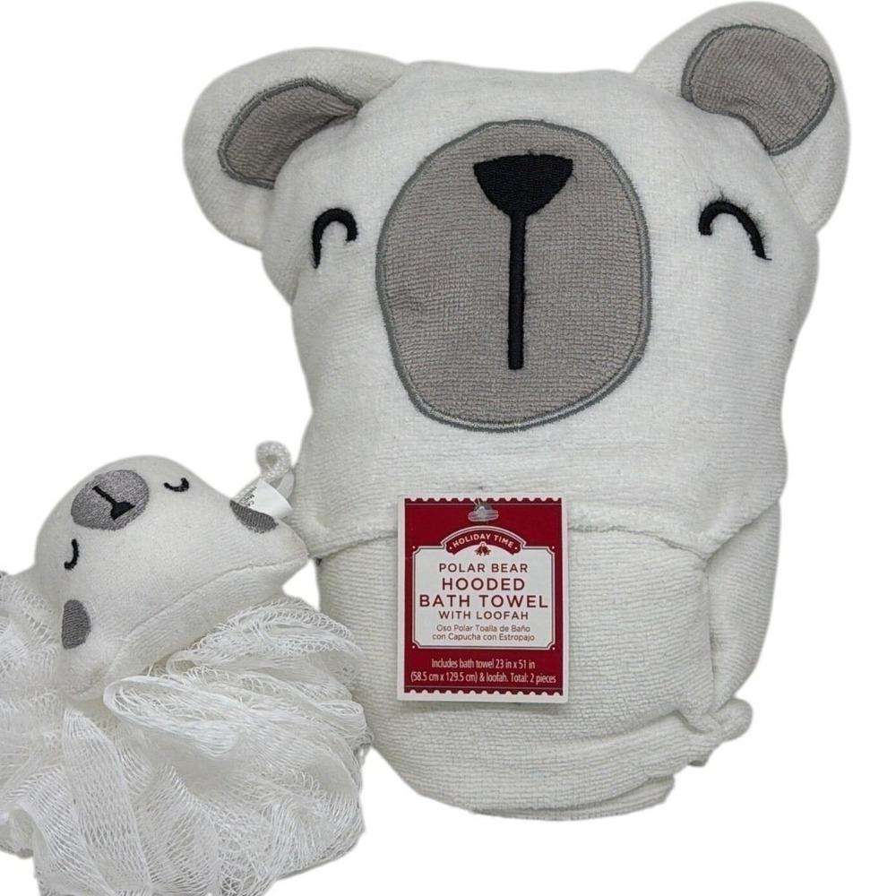 Holiday Time Hooded Bath Towel White Polar Bear Animal Set Loofah 2-Pc 23x51